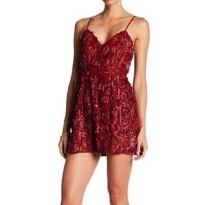 Alpha & Omega Red Wine Cocktail Faux Leather Rosette Slip Babydoll Mini-Dress M